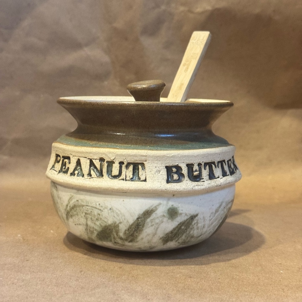 Handmade Ceramic Peanut Butter Jar with Lid and Spoon